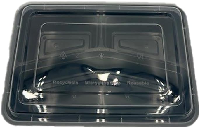 42oz Food Prep Containers with 3-compartment Black Base & Clear Lids - Rectangular - Microwavable Disposable Freezer-Safe BPA-Free Plastic Meal Storage, Combo Pack of 150 sets