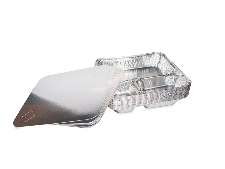 Large Disposable Aluminum Foil Tray with Paper Board Lids – 3 Compartment Foil Pan Size L 10" X W 9 1/4" X H 1 5/8"