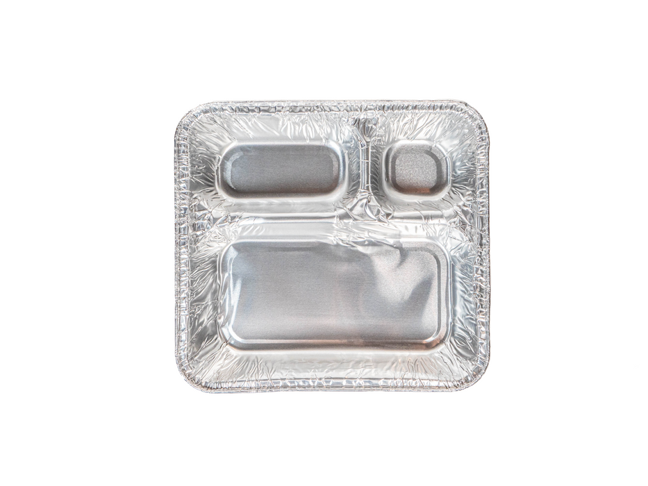 Large Disposable Aluminum Foil Tray with Paper Board Lids – 3 Compartment Foil Pan Size L 10" X W 9 1/4" X H 1 5/8"