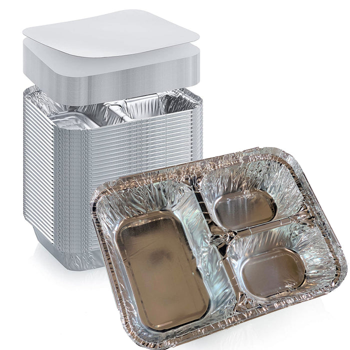 Disposable Aluminum Foil Tray with Paper Board Lids – 3 Compartment Foil Pan 8.75" x 6.5" X 1.5"