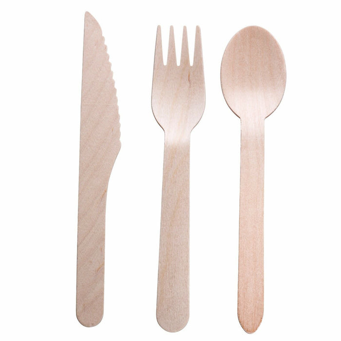 Disposable Wooden Cutlery Utensils Set 50 Forks 50 Knives 50 Spoons, 6-inch Eco-Friendly
