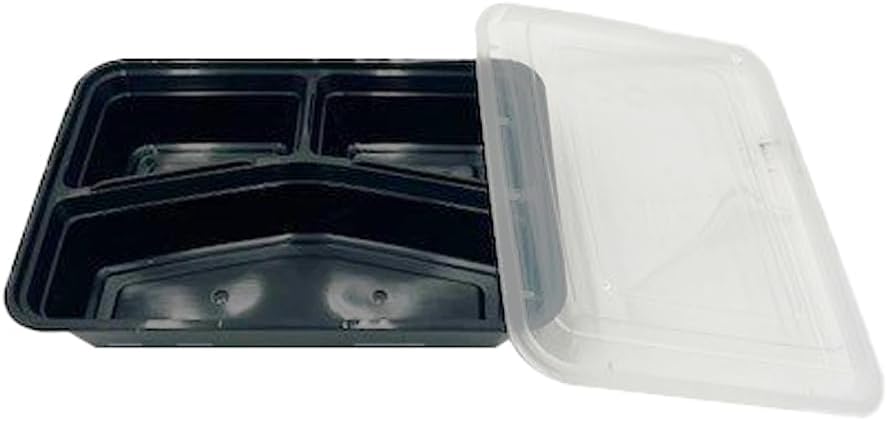 42oz Food Prep Containers with 3-compartment Black Base & Clear Lids - Rectangular - Microwavable Disposable Freezer-Safe BPA-Free Plastic Meal Storage, Combo Pack of 150 sets