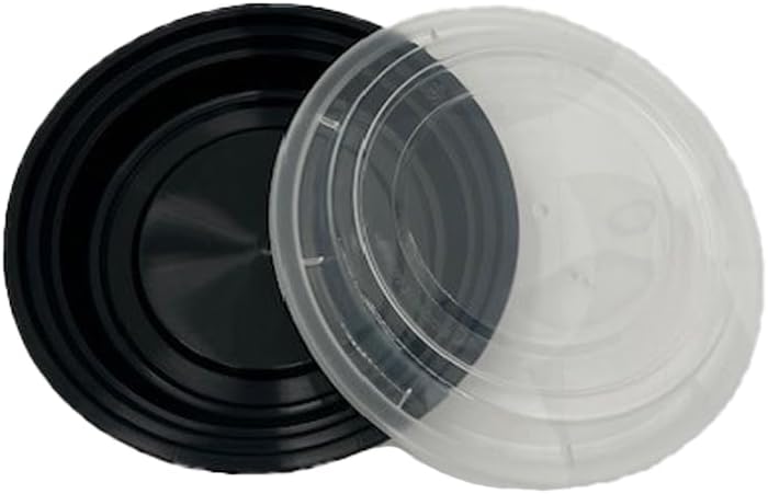 Food Prep Containers with Black Base & Clear Lids - 8” Round & 2 1/2" Depth Microwavable Disposable Freezer-Safe BPA-Free Plastic Meal Storage, Combo Pack of 150 sets - 37oz