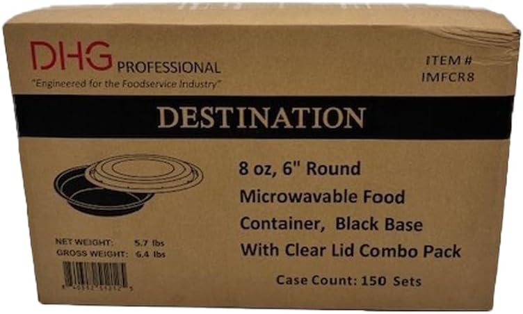 8oz Food Prep Containers with Black Base & Clear Lids - 6” Round & 1" Depth Microwavable Disposable Freezer-Safe BPA-Free Plastic Meal Storage, Combo Pack of 150 sets