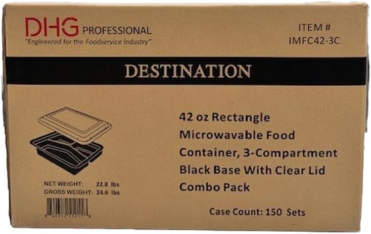 42oz Food Prep Containers with 3-compartment Black Base & Clear Lids - Rectangular - Microwavable Disposable Freezer-Safe BPA-Free Plastic Meal Storage, Combo Pack of 150 sets