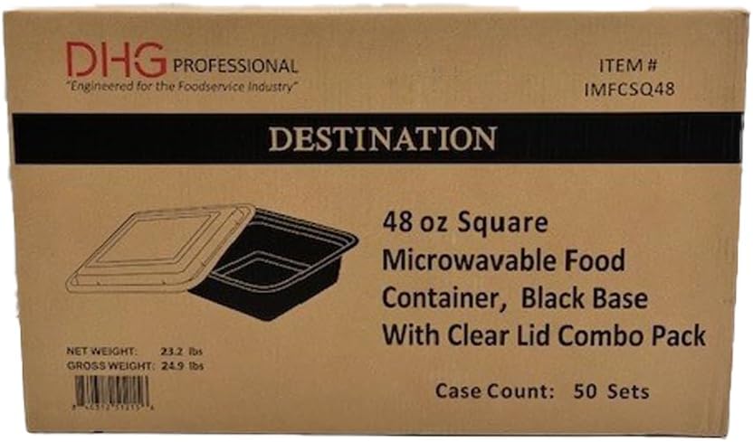 48oz Food Prep Containers with Black Base & Clear Lids - Square & 2" Depth Microwavable Disposable Freezer-Safe BPA-Free Plastic Meal Storage, Combo Pack of 150 sets