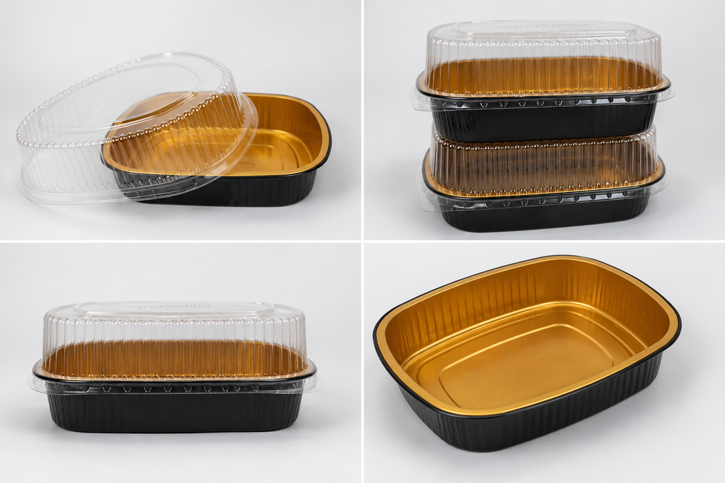 Medium Black and Gold Pan with Dome Lid | 50 Sets Big Pans with Dome Lids | Durable & Versatile Pans with Dome Lids Serving Foods Hot Meals Baking Desserts BBQs Catering