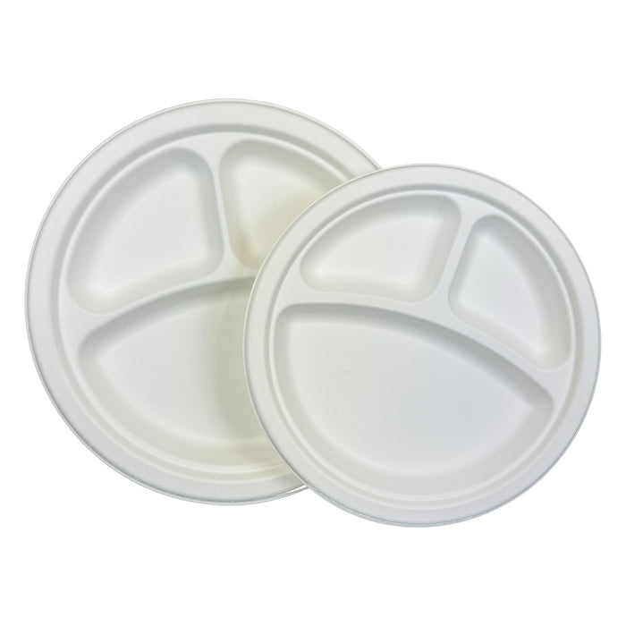 Case of 500 Counts 3 Compartment Paper Plates, Eco-Friendly Sugarcane Bagasse Plates for Party Dinner, Heavy-Duty Disposable Biodegradable Paper Plates