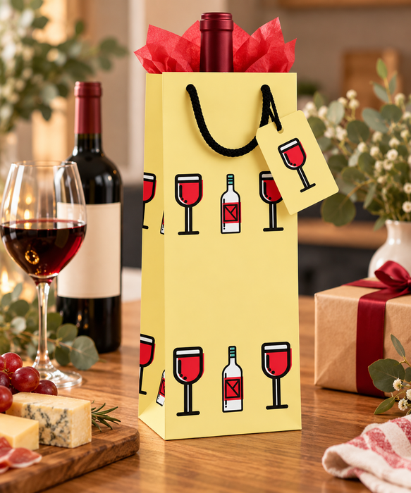 Case of 200 Pack Wine Gift Bag with Gift Tag, Elegant Cream Paper Wine Bottle Bag with Red Wine Glass & Bottle Design, Paper Bag for Christmas, Holidays, Birthdays, Weddings & Special Occasions