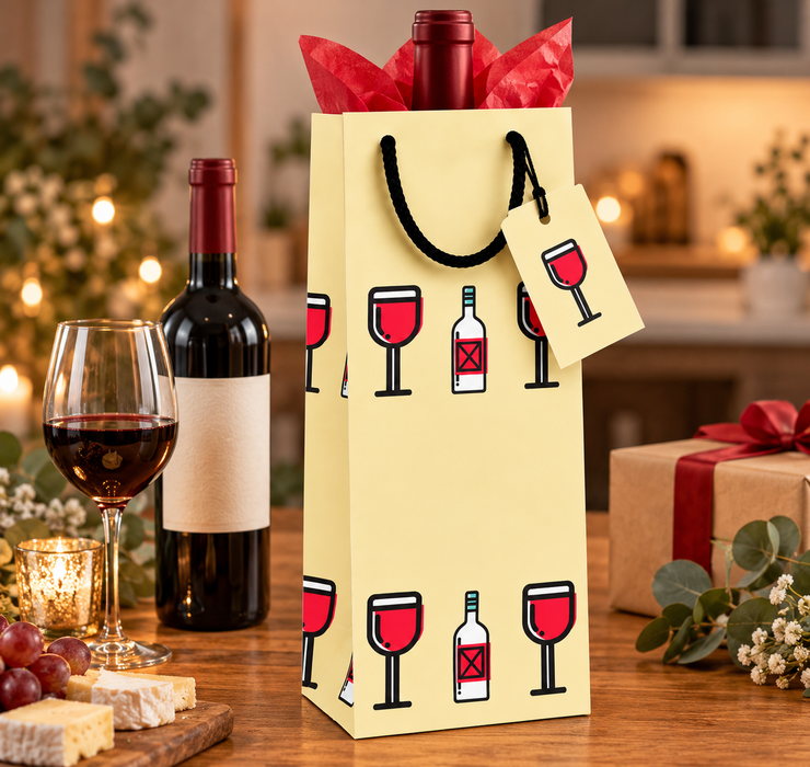Case of 200 Pack Wine Gift Bag with Gift Tag, Elegant Cream Paper Wine Bottle Bag with Red Wine Glass & Bottle Design, Paper Bag for Christmas, Holidays, Birthdays, Weddings & Special Occasions
