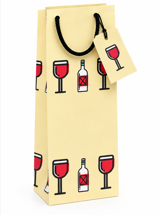 Case of 200 Pack Wine Gift Bag with Gift Tag, Elegant Cream Paper Wine Bottle Bag with Red Wine Glass & Bottle Design, Paper Bag for Christmas, Holidays, Birthdays, Weddings & Special Occasions