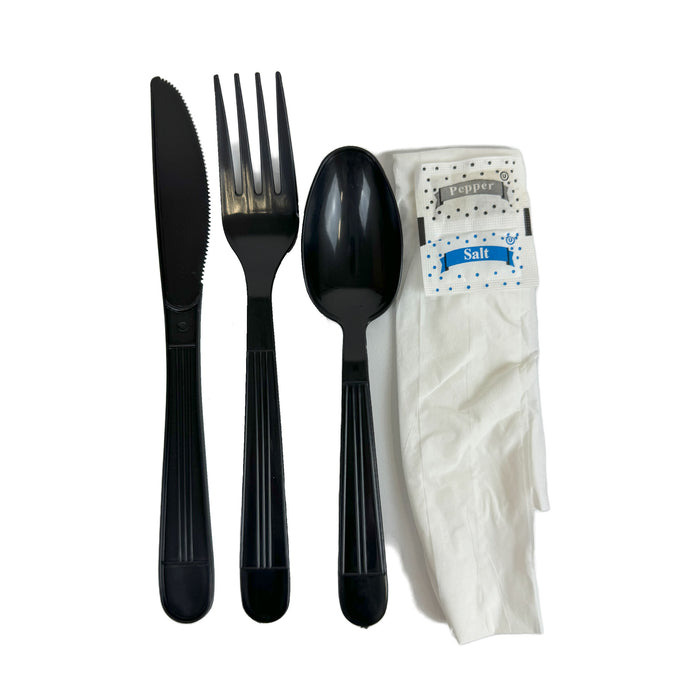 Six Piece Meal Kit - include Heavy Weight Black Fork, Knife, and Teaspoon, Napkin, Salt and Pepper Packets Case of 250