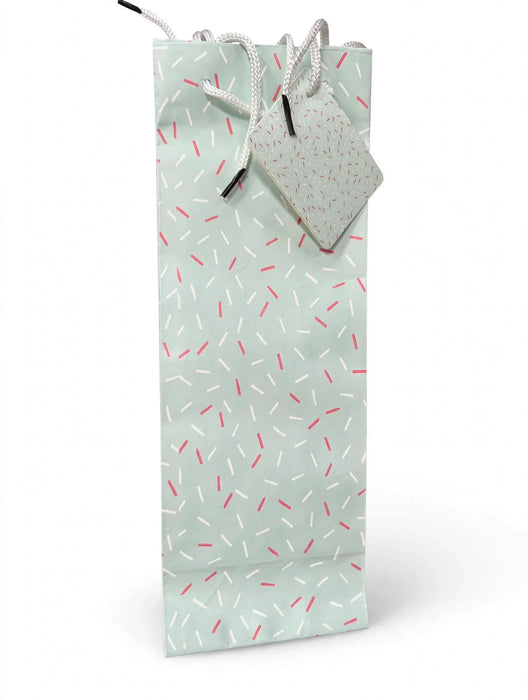 Mint Confetti Single Wine Bottle Gift Bag with White Rope Handles and Matching Gift Tag, Paper Bag for Christmas, Holidays, Birthdays, Weddings & Special Occasions