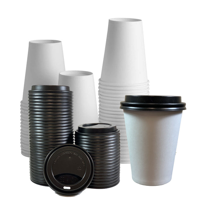12 oz Disposable Paper Coffee Cups with Black Lids