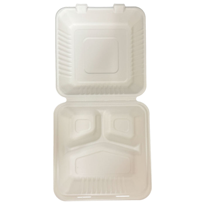 9 x 9 x 3 inches Bagasse 3-Compartment Disposable Hinged Containers 200 Pack Sugarcane Biodegradable Take out Bento Box