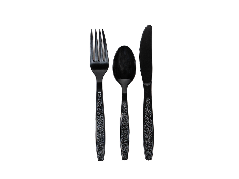 Heavy Weight Black Cutlery Kit - 250 Sets of Individually Wrapped Black Plastic Cutlery Packets