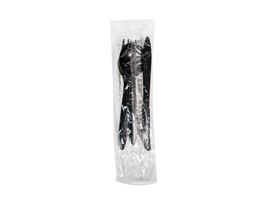 Medium Heavy Weight Black Cutlery Kit - 250 Sets of Individually Wrapped Black Plastic Cutlery Packets