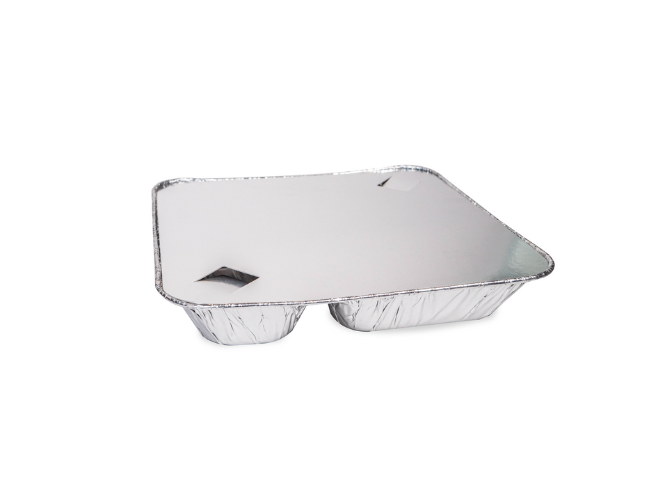 Large Disposable Aluminum Foil Tray with Paper Board Lids – 3 Compartment Foil Pan Size L 10" X W 9 1/4" X H 1 5/8"