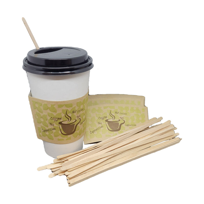 16 oz Disposable Paper Coffee Cups with Lids, Sleeves and Stirrers