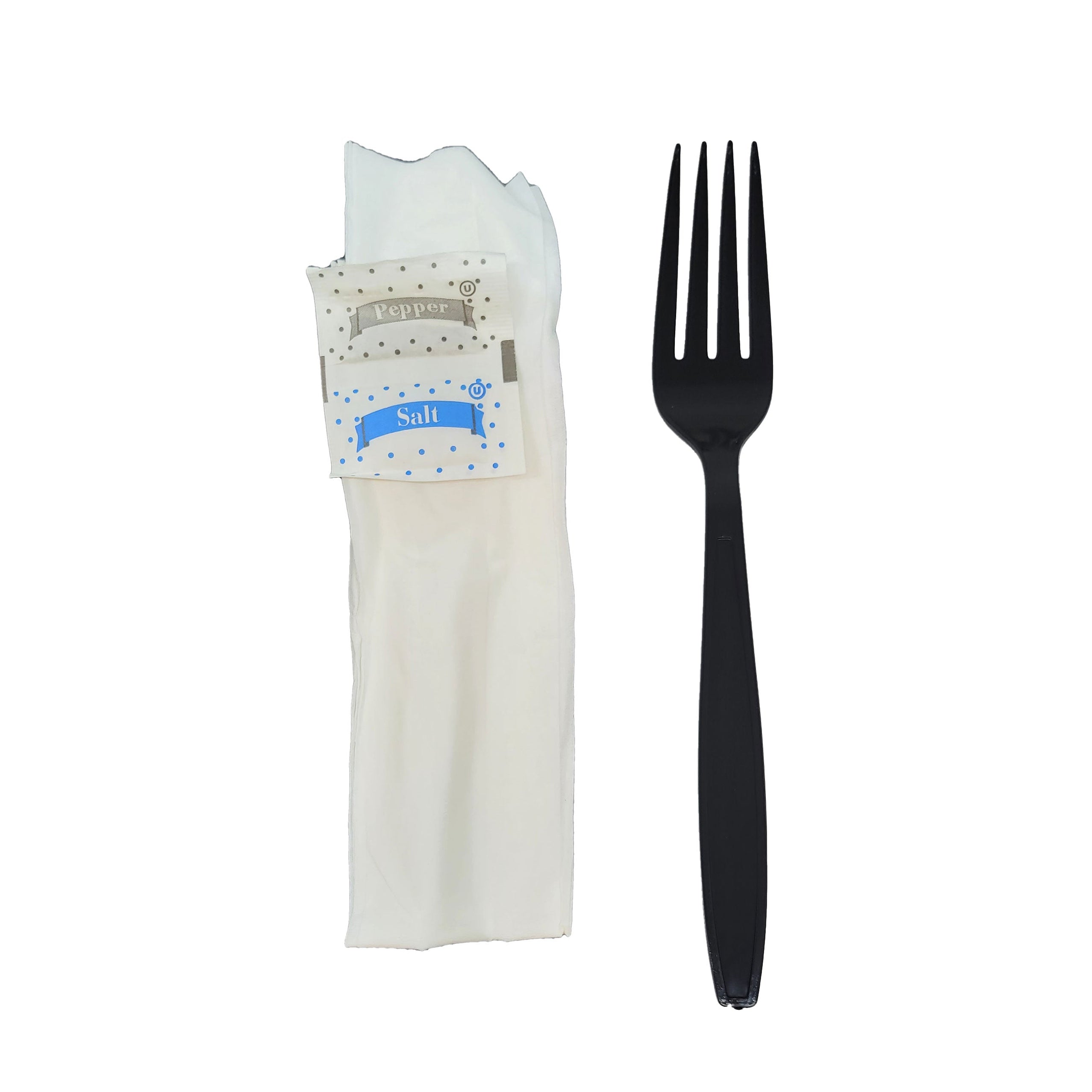 500 Kits Disposable Black Plastic Fork with Napkin and Salt/pepper pac