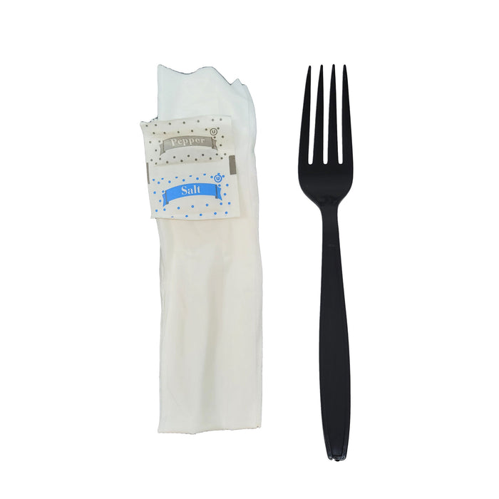 500 Kits Disposable Black Plastic Fork with Napkin and Salt/pepper packet, individually Wrapped, To-go (Fork)