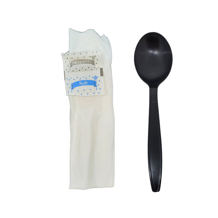 500 Kits Disposable Plastic Soup Spoon with Napkin and Salt/pepper packet, individually Wrapped, To-go (Soup Spoon)