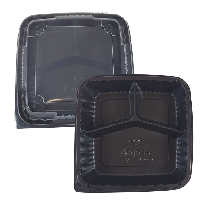 PP Pebble Box Serving Tray and Vented Lid, Food Container (9x9 3 Compartment)