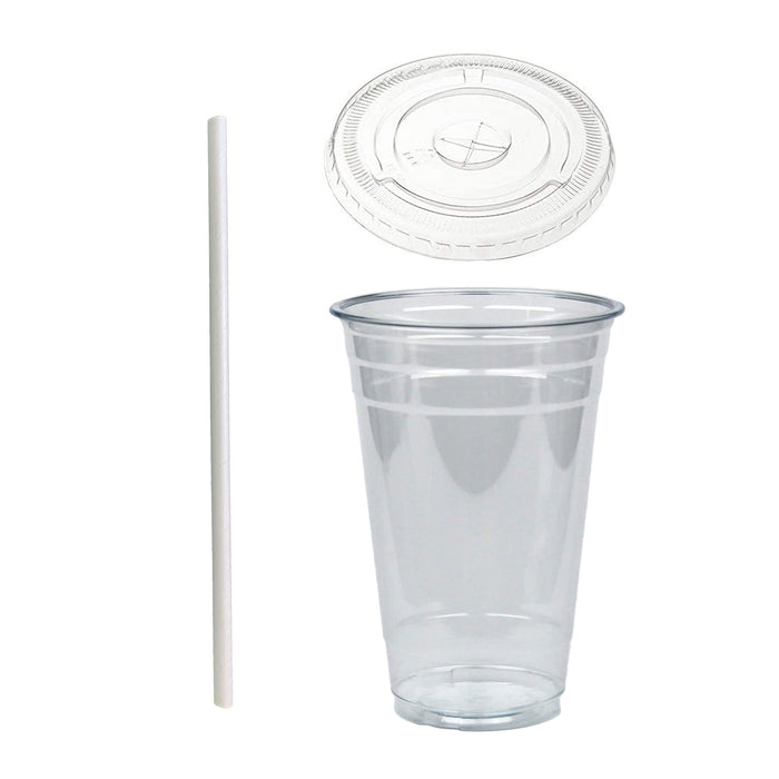 24oz Crystal Clear Plastic Cups With Flat lids and Paper Straws - For Summary Beverage