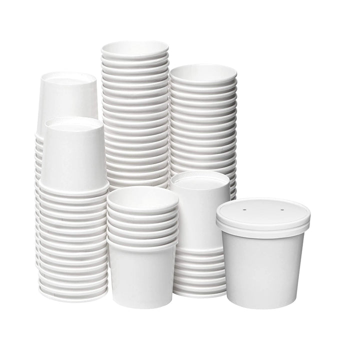 250 Sets White Paper Food Containers With Vented Lids, To Go Hot Soup Bowls, Disposable Ice Cream Cups