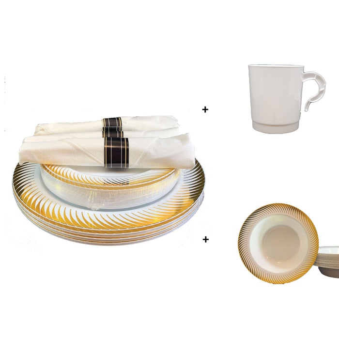 Disposable Plastic Party Plates with Napkin Rolls and Cutlery Sets, 12oz bowls, Coffee mugs (Gold)