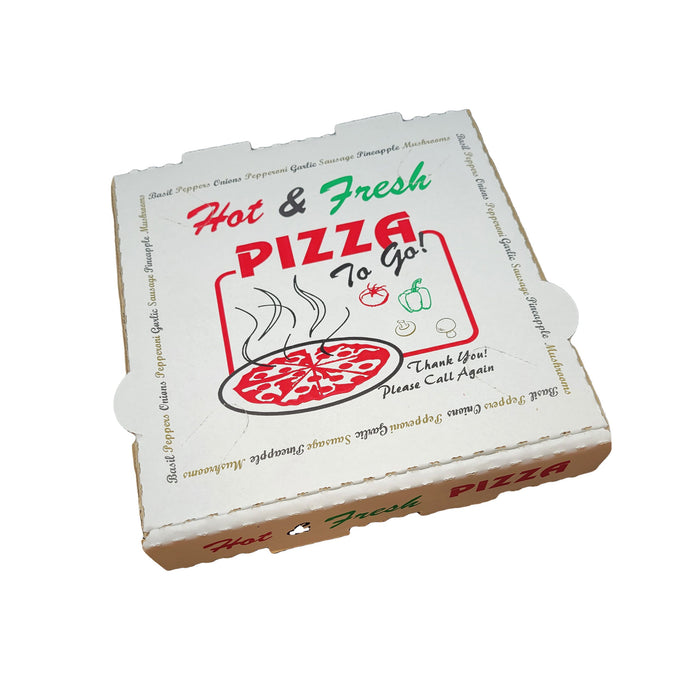 50 Pack Pizza Box 4 Color Print "Hot & Fresh" Pizza - White Base