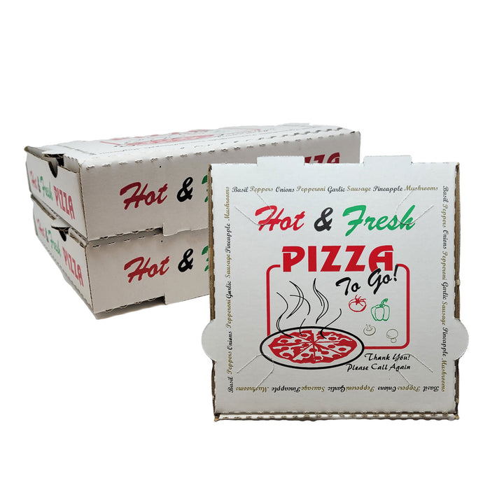 50 Pack Pizza Box 4 Color Print "Hot & Fresh" Pizza - White Base