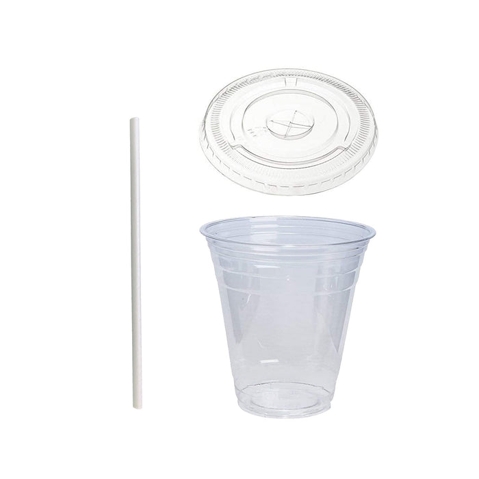 12oz Crystal Clear Plastic Cups With Flat lids and Paper Straws - For Summary Beverage