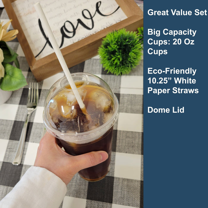24oz Crystal Clear Plastic Cups With Dome lids and Paper Straws - For Summary Beverage
