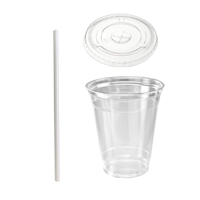 16oz Crystal Clear Plastic Cups With Flat lids and Paper Straws - For Summary Beverage