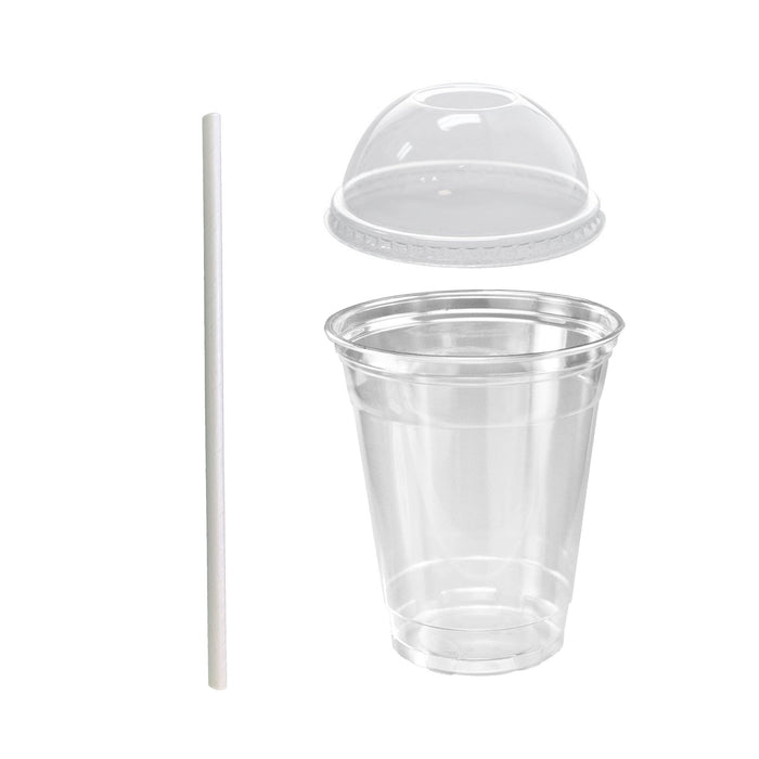 16oz Crystal Clear Plastic Cups With Dome lids and Paper Straws - For Summary Beverage