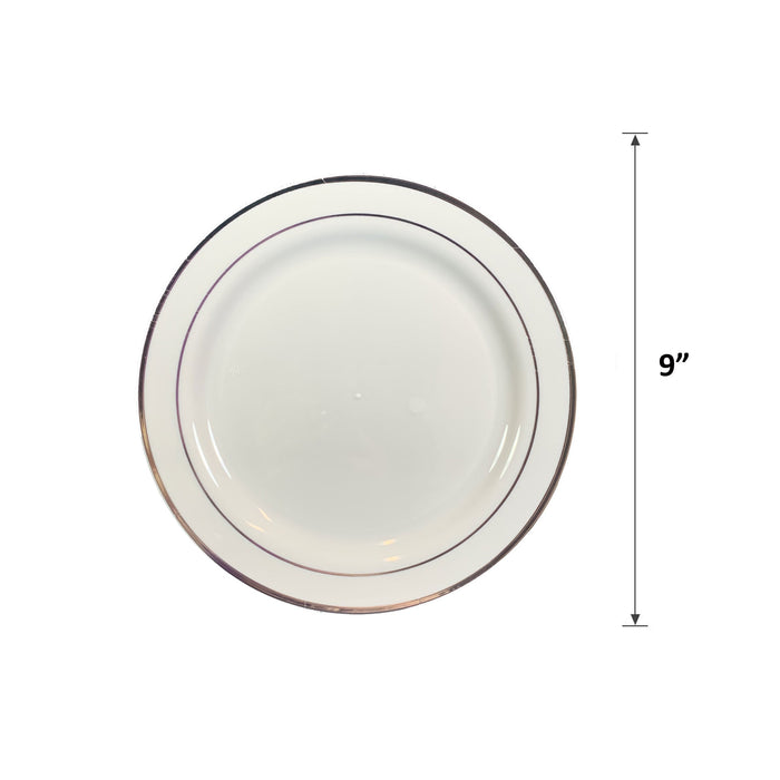 9 inch Dinner Plates- White with Silver Accents Premium Hard Plastic Plates Ideal for Party and Wedding